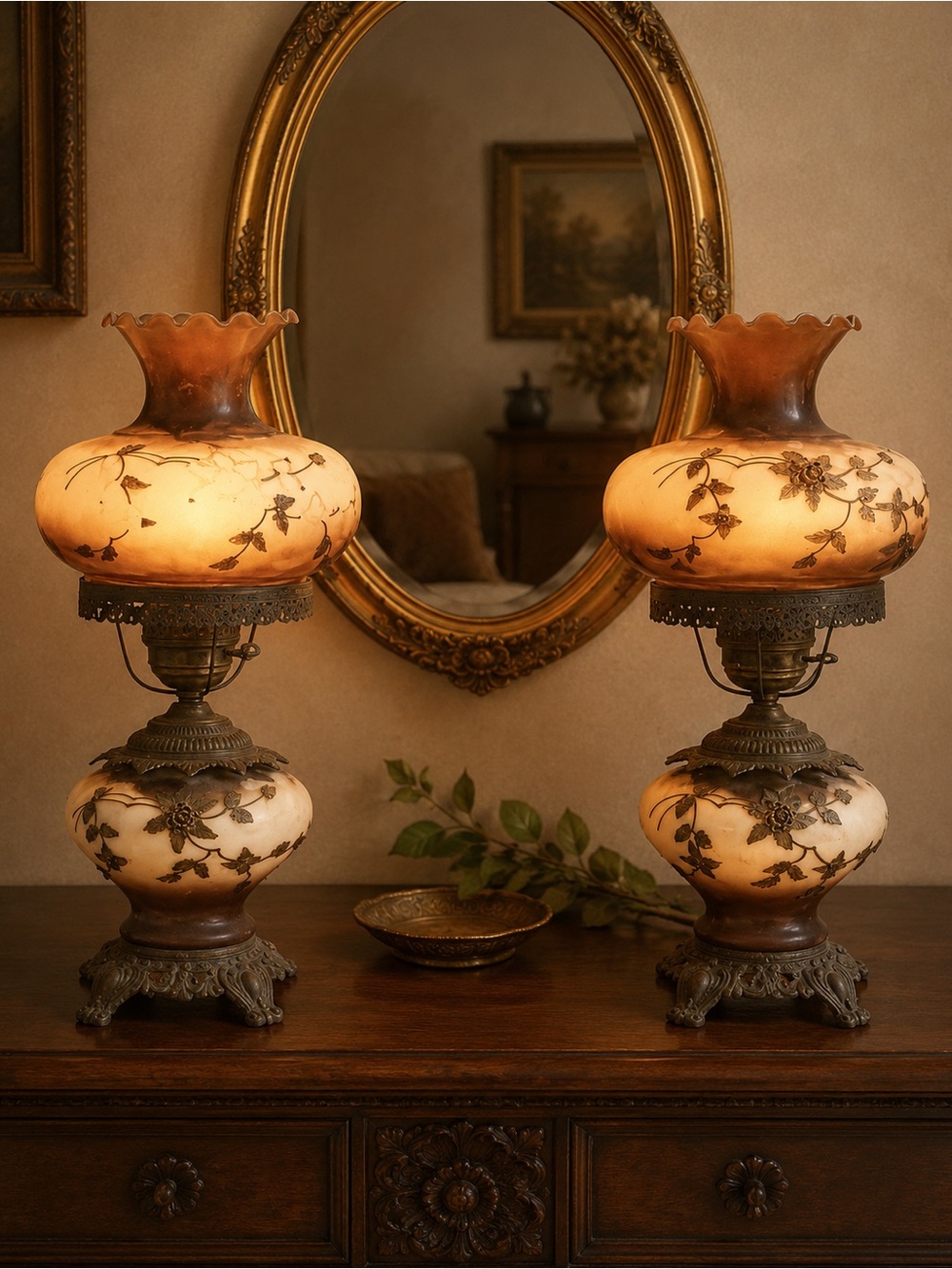 Matching Pair of Vintage Victorian Double-Globe Hurricane Lamps